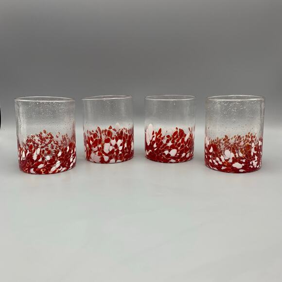 Home Studio Jolly Confetti Glasses Set 4 Red White Bubbles Splatter Handblown - Picture 1 of 10